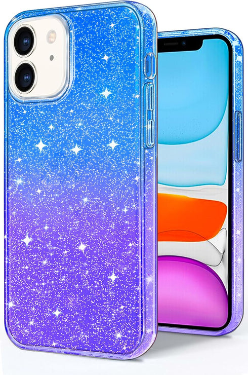 JJGoo iPhone 11 Case, Blue & Purple Gradient Clear Glitter Sparkle Shock Absorption Protective Phone Case for Women