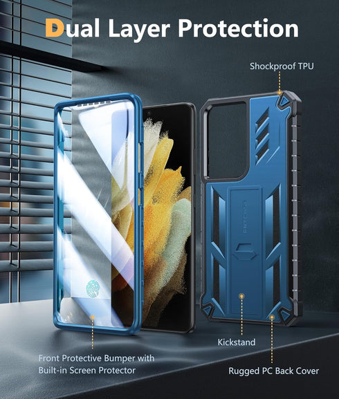 FNTCASE Samsung Galaxy S21 Ultra Case: Rugged Military Grade Shockproof TPU Cover with Kickstand, Matte Blue Design.