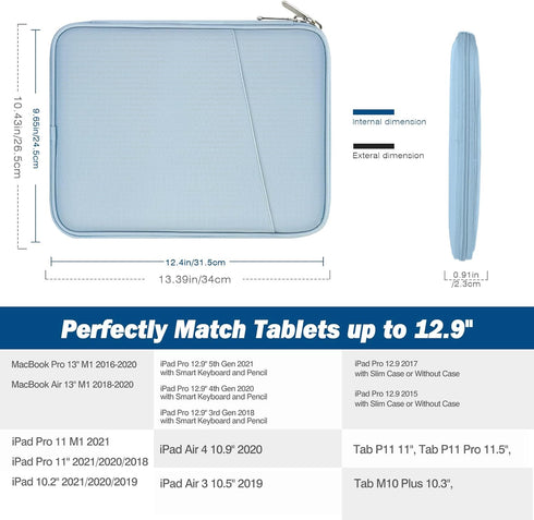 MoKo 12.9 Inch Tablet Sleeve Bag, Compatible with 13 Inch New iPad Pro M4 & Air M2 2024, iPad Pro 12.9 inch M2&M1, Galaxy Tab S8+/S9+ 12.4", Waterproof Bag Carrying Case with Pocket, Misty Blue by MoKo