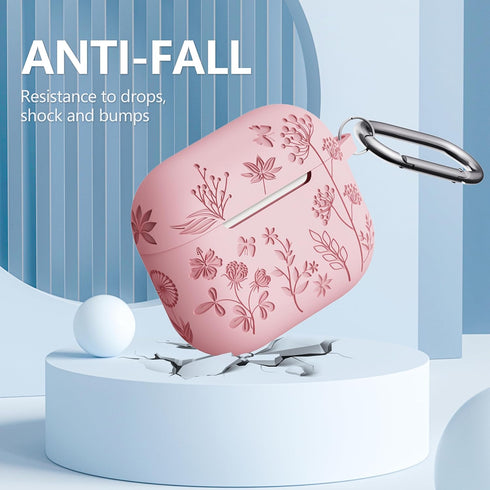 Flower Engraved Soft Silicone Case for Airpods 3rd Generation, Cute Case with Cleaner Kit & Keychain, Pink