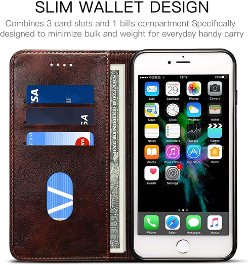 SINIANL iPhone 8 Plus / 7 Plus Leather Wallet Folio Case, Magnetic Closure, Flip Cover, Brown