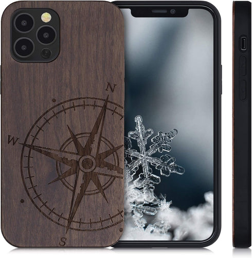 kwmobile Wood Case for Apple iPhone 12 / iPhone 12 Pro, Navigational Compass Dark Brown Cover