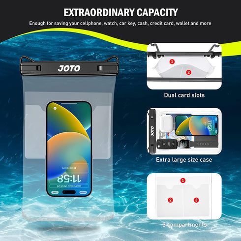 JOTO 2 Pack Large Waterproof Phone Pouch - IPX8 Universal Underwater Dry Bag for iPhone 15/14/13/12/11 Pro Max