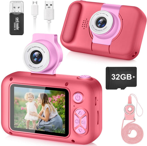 Kid Camera with 2.4in IPS Screen, 180° Flip Lens, Digital Selfie Camera with Playback Game for Ages 4-11