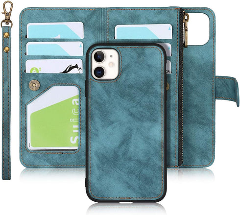 iCoverCase for iPhone 11 Wallet Case, Card Holder and Wrist Strap, PU Leather Flip Cover Case 6.1 Inch (Blue)