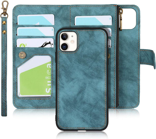 iCoverCase for iPhone 11 Wallet Case, Card Holder and Wrist Strap, PU Leather Flip Cover Case 6.1 Inch (Blue)