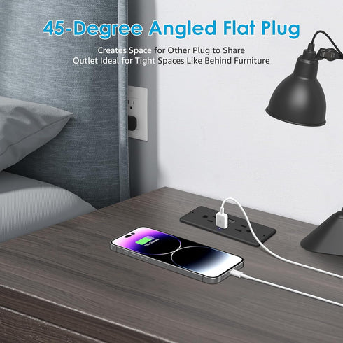 HHSOET 5 in 1 Flat Plug Recessed Power Strip, 20W Fast Charging Outlet with 2 AC Plugs, 2 USB Ports, 1 USB-C, 6ft Cord