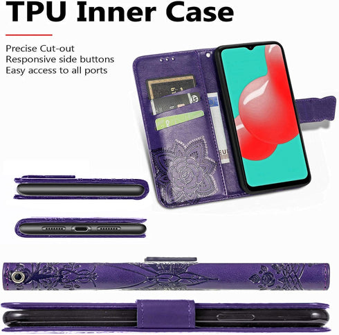 PU Leather Wallet Flip Phone Case with Wrist Strap, Card Slots Holder, Emboss Butterfly Flower Stand Case for Samsung