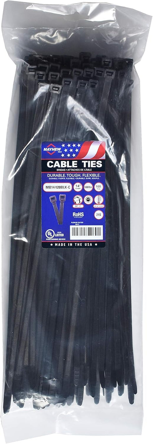 Mayhew Tools MB14-120BLK-C 14-Inch Nylon Cable Ties, UV Black, 120-Pound Tensile Strength