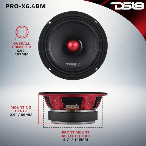 DS18 PRO-X6.4BM Loudspeaker, 6.5", Midrange, 500W Max, Premium Quality Audio Door Speakers for Car or Truck