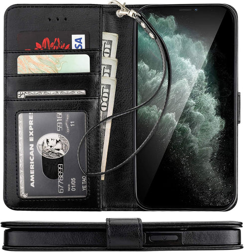 Bocasal iPhone 12 & 12 Pro Wallet Case, PU Leather Kickstand with Card Holder, Shockproof Flip Cover (Black)
