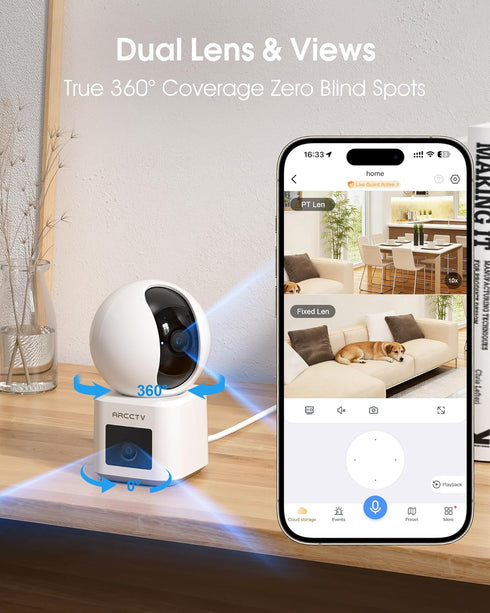 ARCCTV 2.5K 6 360 5GHz 2-Way Dual Lens Indoor Security Camera, WiFi Pet Camera with Phone App, Dog Camera for Home