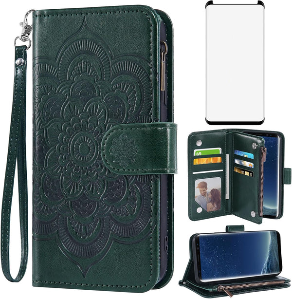 Asuwish Wallet Case for Samsung Galaxy S8 - Dark Green Leather Flip with Tempered Glass & Card Holder Stand.