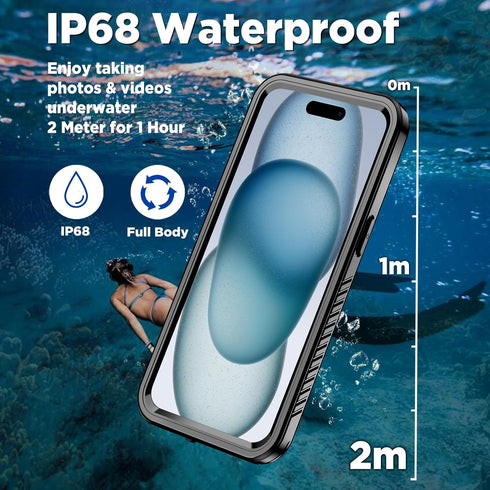 iPhone 15 Plus Case, Magnetic Waterproof with Built-in Screen Protector, Dustproof Heavy Duty Cover, 6.7 Inch, Black