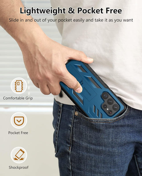 FNTCASE Samsung Galaxy S23 Ultra Case: Rugged Shockproof TPU, Military Grade Drop Protection, Kickstand, Blue.