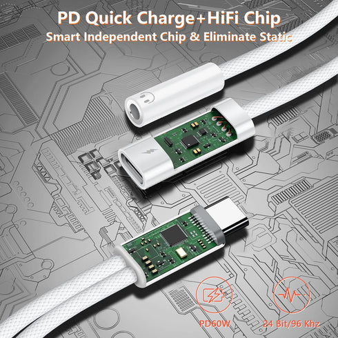 USB C to 3.5mm Audio Adapter with Charger, 2 in 1 USB C to 3.5mm Headphone Jack Hi-Fi DAC with PD 60W
