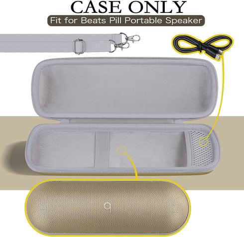 for Beats Pill Wireless Bluetooth Speaker Hard Protective Case with Shoulder Strap, Portable Travel Case Replacement (Champagne Gold Case) - co2CREA