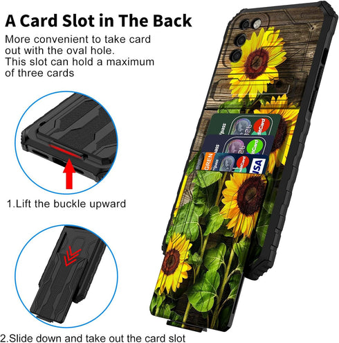 Samsung Galaxy A03s Case with Detachable Card Holder Slot, Heavy Duty Shockproof Cover, Sunflower Plank