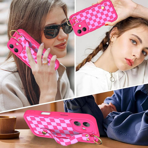 Jefonha 17 Compatible with Phone Case with Finger Hand Strap for Girls Women, Cute Checkered Checkerboard Phone Case