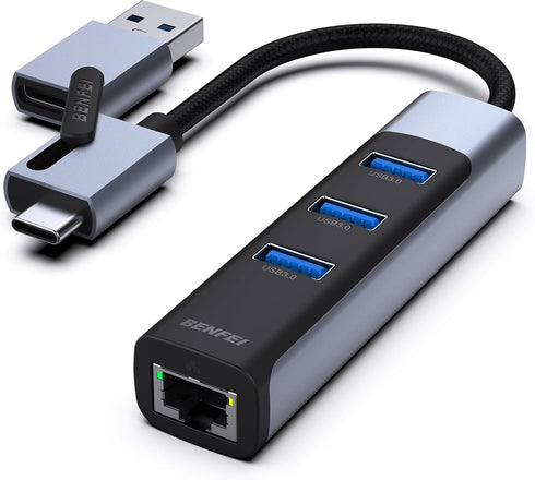BENFEI 2-in-1 USB-C USB 3.0 to Gigabit Ethernet Adapter, 3-Port USB 3.0 Hub with RJ45, Compatible with MacBook