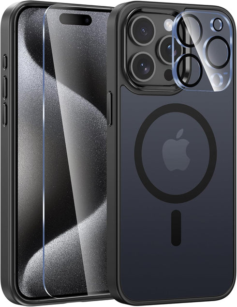 FNTCASE iPhone 15 Pro Max Case: Slim Shockproof Black Cover with Strong Magnetic, Screen & Camera Protectors,