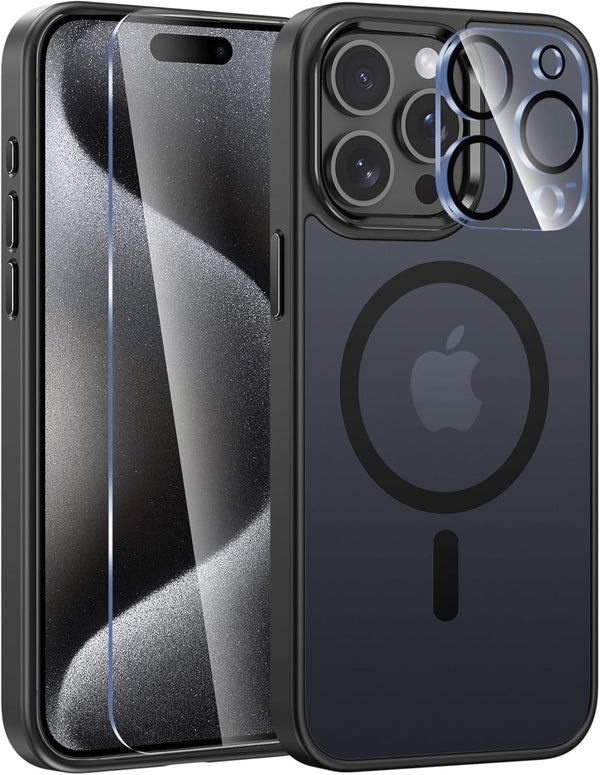 FNTCASE iPhone 15 Pro Max Case: Slim Shockproof Black Cover with Strong Magnetic, Screen & Camera Protectors,