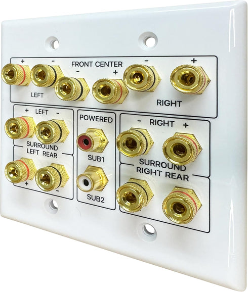 Speaker Wall Plate, 7.2 Home Theater, 2 RCA Wall Plate, Gold Plated Binding Posts for Speaker Setup