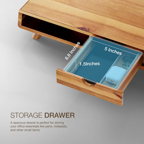 TINAMO Acacia Wood Monitor Stand with Drawer, Wooden Riser for Desk, Multi-Purpose Desktop Storage