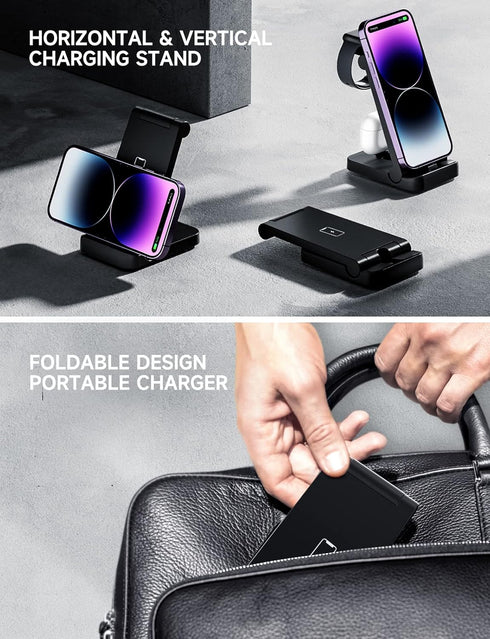 3 in 1 Charging Station with 18W Wall Adapter, Portable Foldable Charger Stand for Multiple Devices