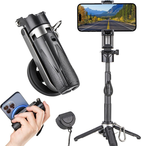 MQOUNY for Magsafe Tripod Stand for iPhone,Portable Pocket Size Selfie Stick with Rechargeable