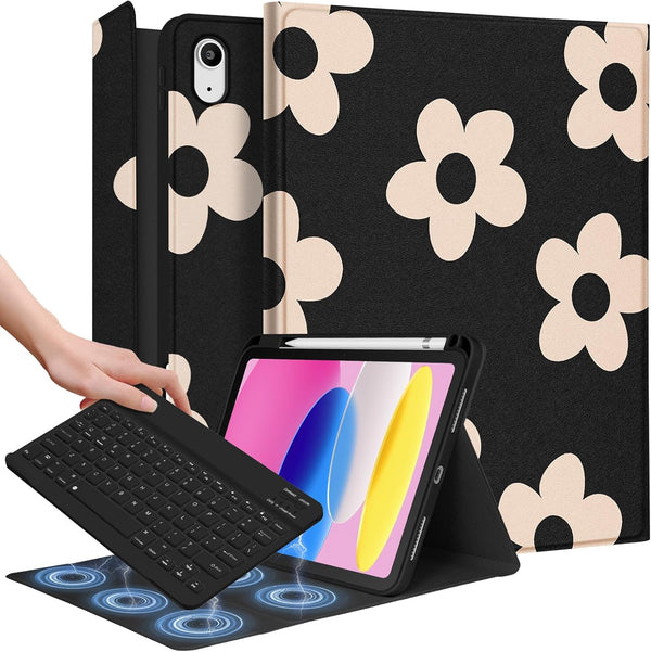 iPad 10th Generation Case with Keyboard, Pencil Holder, 10.9 Inch Folio Cover, Cute Girly Design (Black Flower)