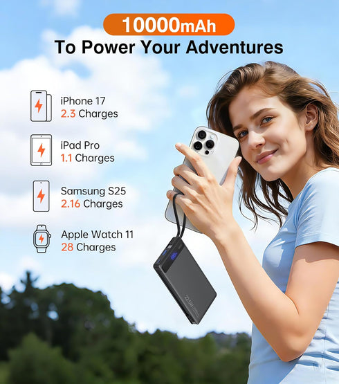 TEMINICE 2 10000mAh, 22.5W Pack, 17 16 15 etc(1 Power Bank with Built-in Cables PD Slim Portable Charger USB C Battery