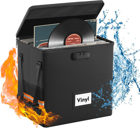Fireproof Vinyl Record Storage Box - Black Water Resistant Organizer Holds 55 Single Albums, Collapsible Carrying Case