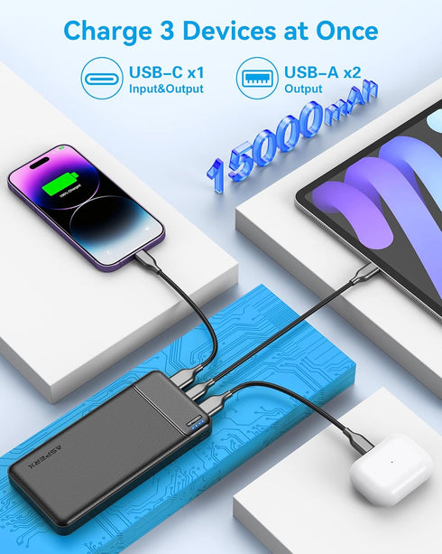 AsperX Portable Phone Charger 15000mAh, 22.5W Fast Charging USB C Battery Pack for iPhone 14/13, iPad, Samsung (Black)