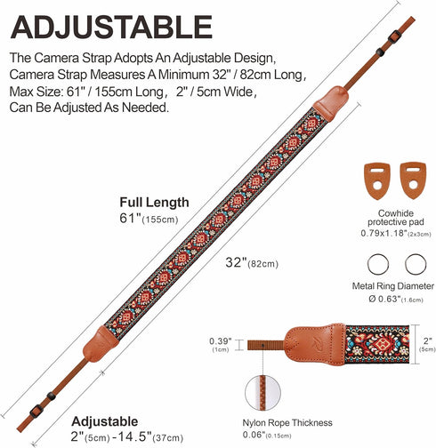 Padwa Lifestyle Red Vintage Embroidered Camera Strap, 2" Wide Cowhide, Adjustable for DSLR Cameras
