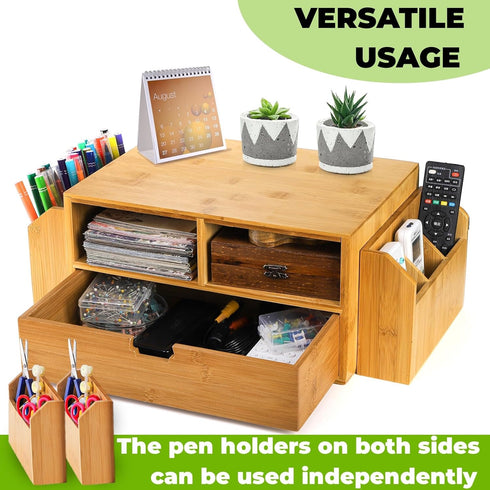 Hiceeden 2 Tier Bamboo Desktop Organizer, Desk Monitor Stand Riser with 2 Pen Holder, 1 Drawer, 2 Compartment Storage