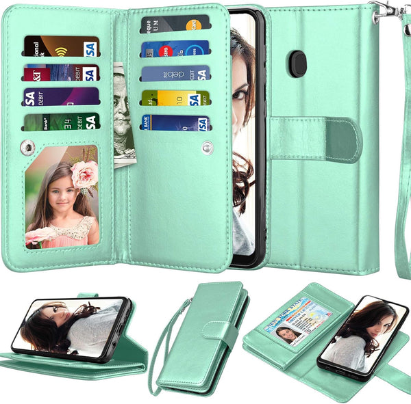 NJJEX Wallet Case for Samsung Galaxy A20 & A30, PU Leather ID Credit Holder Folio Flip with Lanyard, Mint.