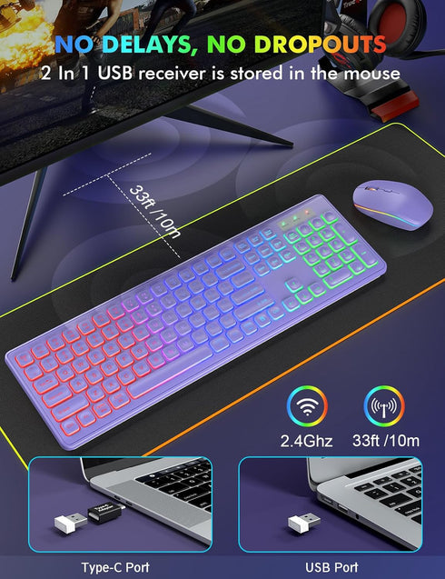 Wireless Keyboard and Mouse Combo, RGB Backlit, Rechargeable, Full-Size Ergonomic Tilt Angle, 2.4GHz Quiet Keyboard