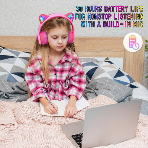 IFECCO Kids Bluetooth Headphones with Microphone, Cute Light Up Cat Ear Wireless Volume-limiting for Travel