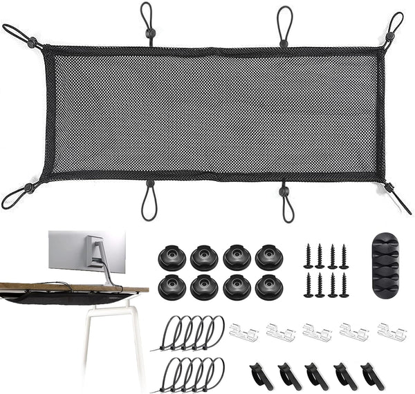 Under Desk Cable Management Net, 36PCS Flexible Wire Hiders, Extra Large Capacity Organizer for Most Tables
