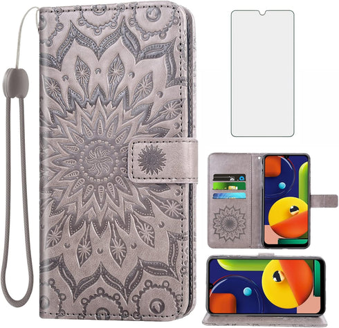Phone Case for Samsung Galaxy A50, Wallet Cases with Tempered Glass Screen Protector, Leather Magnetic Flip Cover