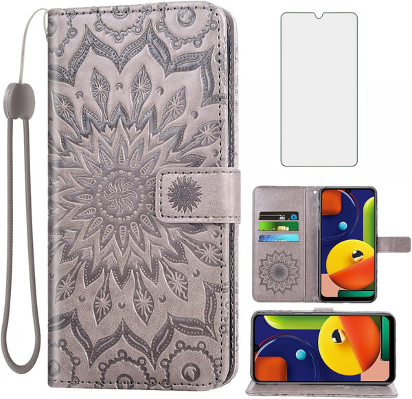 Phone Case for Samsung Galaxy A50, Wallet Cases with Tempered Glass Screen Protector, Leather Magnetic Flip Cover