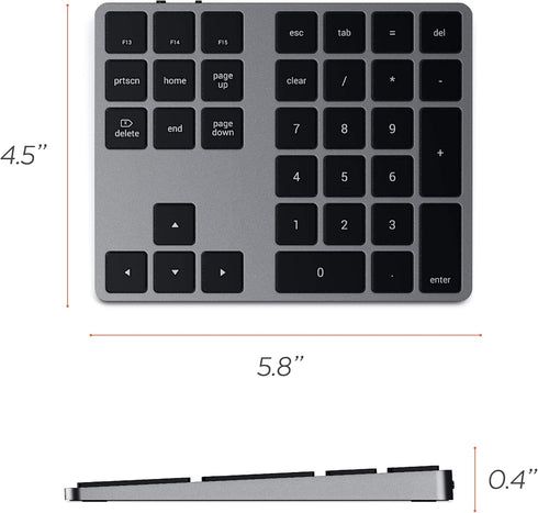 Satechi Bluetooth Extended Numeric Keypad, Slim Rechargeable 34-Key Numberpad for M2/M1 MacBook Pro/Air, Space Gray