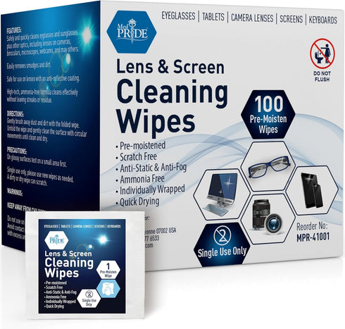MED PRIDE Premoistened Lens Wipes, Anti-Static, Anti-Fog, Quick-Dry & Scratch-Free, 100 Cleaning Cloths
