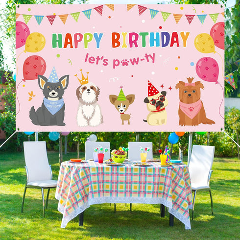 Dog Girl Party Decorations, Pink Puppy Dog Themed Birthday Supplies, Lets Party Banner Backdrop for Kids Photography