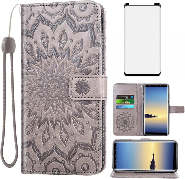 Phone Case for Samsung Galaxy Note 8, Wallet Cases with Tempered Glass Screen Protector, Leather Slim Flip Cover