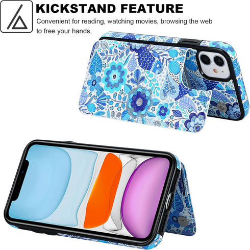HAOPINSH iPhone 11 Wallet Case with Card Holder, Blue Flower Bird Pattern Back Flip PU Leather Case for Women Girls