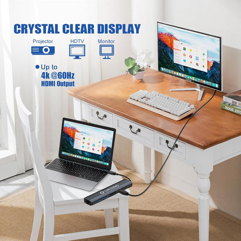 USB Hub 3.0, 7 in 1 Docking Station with 1000M Ethernet, 4K HDMI, 2 USB3.0, 100W PD, SD/TF Card Reader
