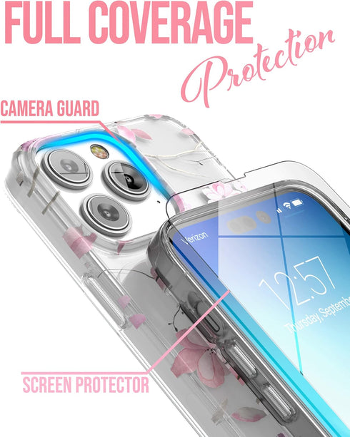 ENCASED Magnetic Case Designed for iPhone 14 PRO with Screen Protector - Compatible with MagSafe Phone Accessories (Pink Flowers)