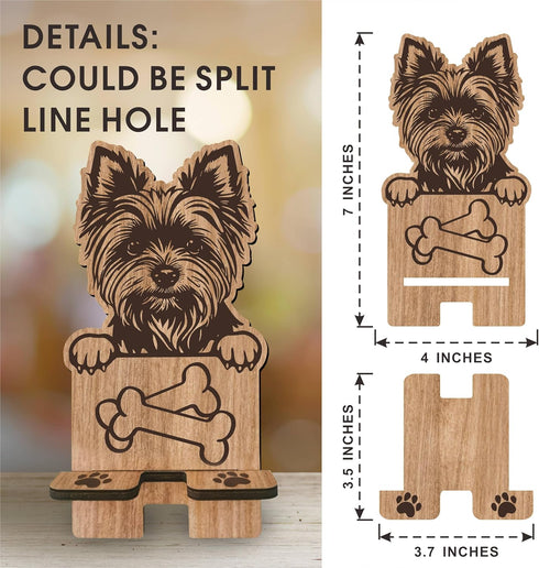 Dog Theme Wooden Phone Holder - Yorkshire Terrier - Charging Station for E-Book, Smart Phones, Tablets, Desktop